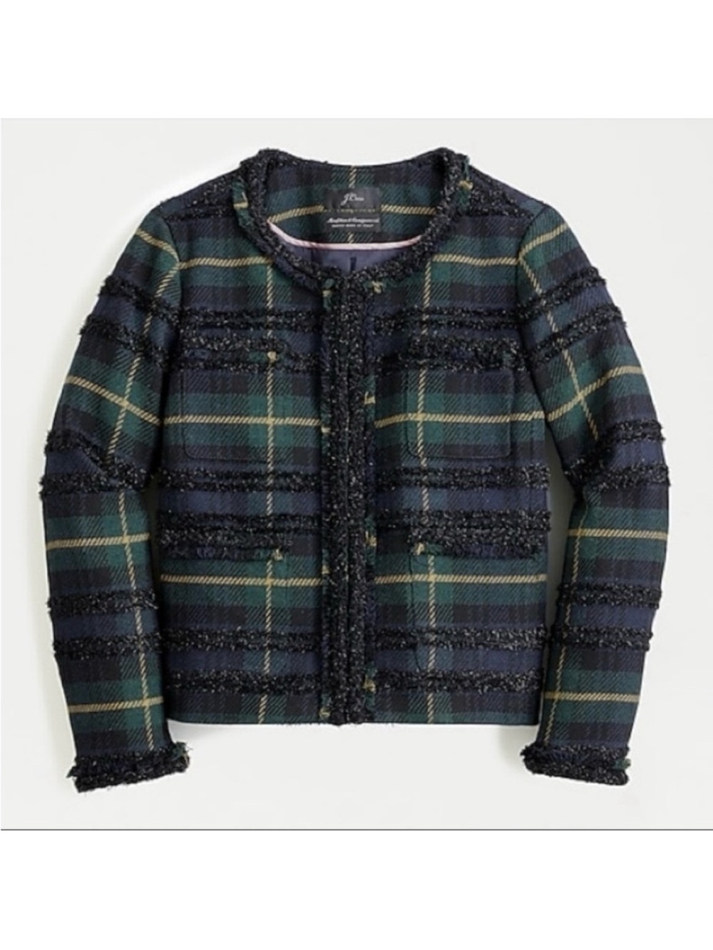 NEW J. Crew Lady Jacket Lurex Black Watch Plaid Size 2 Holidays Green Yellow NWT